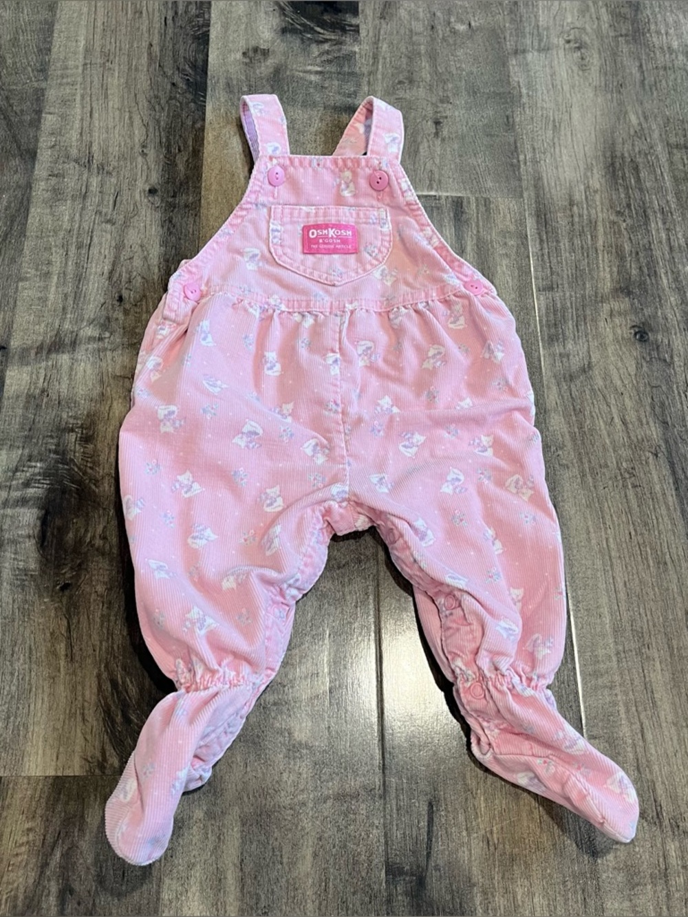 OshKosh B’gosh Vintage Pink Kitten Floral Corduroy Footed Overalls 6/9 Months